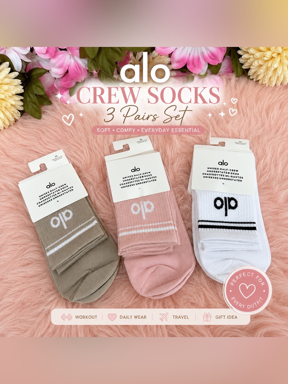 Crew Socks 3-Pack - Pink, Taupe, White